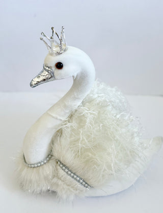 Large White Elegant Furry Swan with Silver Crown - Home Decoration