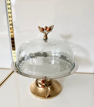 🍁 Organic & Botanical Vibe "Harvest Leaves" Mixed-Metal Pastry Platter With Glass Dome