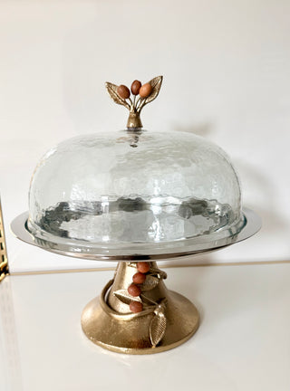 🍁 Organic & Botanical Vibe "Harvest Leaves" Mixed-Metal Pastry Platter With Glass Dome