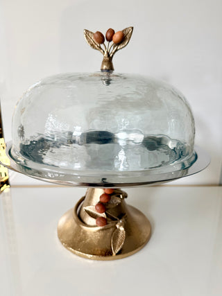 🍁 Organic & Botanical Vibe "Harvest Leaves" Mixed-Metal Pastry Platter With Glass Dome
