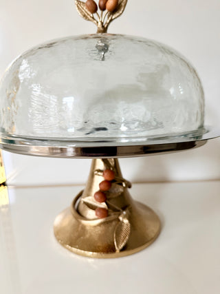 🍁 Organic & Botanical Vibe "Harvest Leaves" Mixed-Metal Pastry Platter With Glass Dome