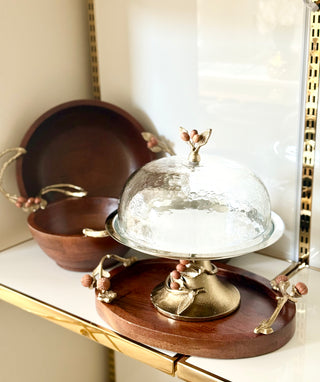 🍁 Organic & Botanical Vibe "Harvest Leaves" Mixed-Metal Pastry Platter With Glass Dome