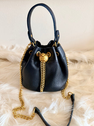 Luxury Black Leather Bucket Bag with Gold Chain