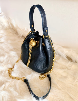 Luxury Black Leather Bucket Bag with Gold Chain