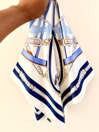Royal Blue Equestrian Silk-Feel Scarf – Timeless Elegance