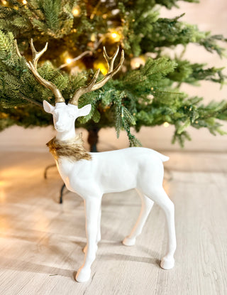 White Standing Reindeer With Gold Antlers - Faux Fur Collar - Christmas Decor