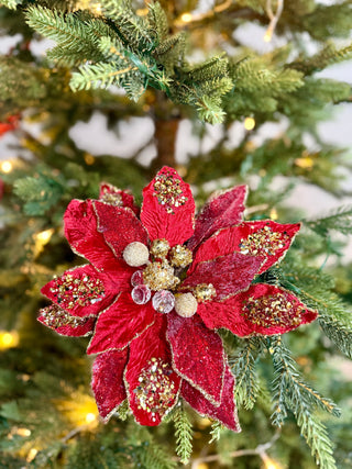 Large Clip-on Poinsettia Pick with Red and Gold Beads - Christmas Tree Decoration