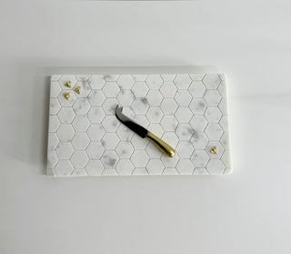Rectangular Honeycomb Marble Cheese Board with Gold Cheese Knives.