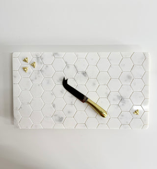 Rectangular Honeycomb Marble Cheese Board with Gold Cheese Knives.