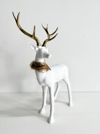 White Standing Reindeer With Gold Antlers - Faux Fur Collar - Christmas Decor