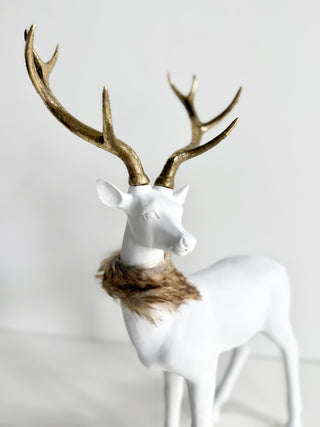 White Standing Reindeer With Gold Antlers - Faux Fur Collar - Christmas Decor