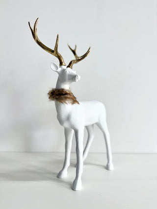 White Standing Reindeer With Gold Antlers - Faux Fur Collar - Christmas Decor