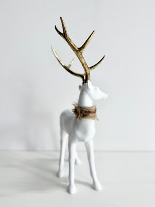 White Standing Reindeer With Gold Antlers - Faux Fur Collar - Christmas Decor