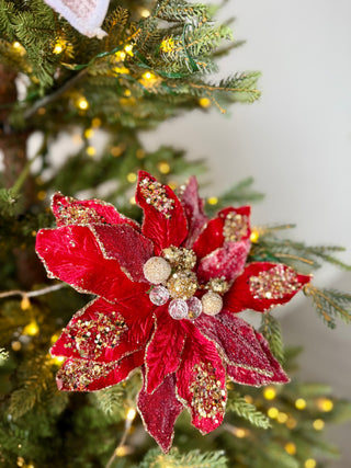 Large Clip-on Poinsettia Pick with Red and Gold Beads - Christmas Tree Decoration