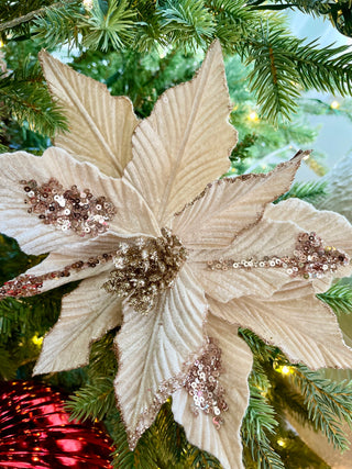 Velvet Poinsettia White & Bronze Pick, 11"-Christmas Tree Ornaments