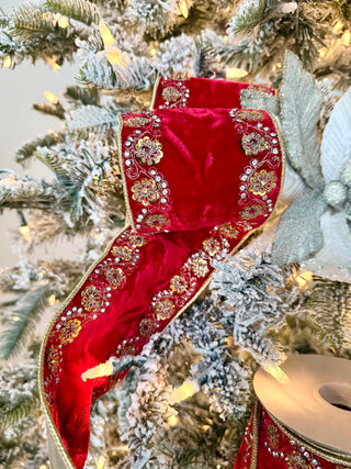 Luxury Red Jeweled Ribbon - Christmas Decoration 4" Wide