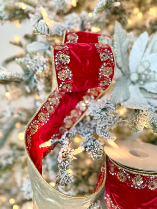 Luxury Red Jeweled Ribbon - Christmas Decoration 4" Wide