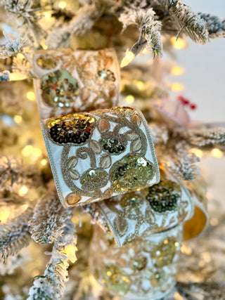 Luxury Ivory Sequin Embroidery Wired Ribbon - Holiday Decor Width 4"