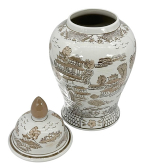 White and Brown Ceramic Temple Vase with A "Chinoiserie"-Style Floral Pattern.
