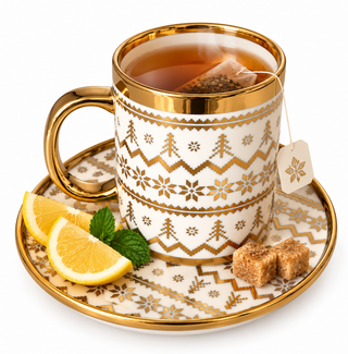 Elegant Gold Holiday Coffee Mug & Saucer Set