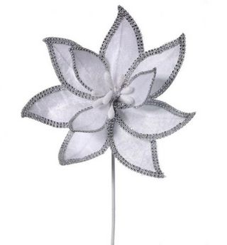 White Jeweled Edge Velvet Poinsettia Stem 22"Tall