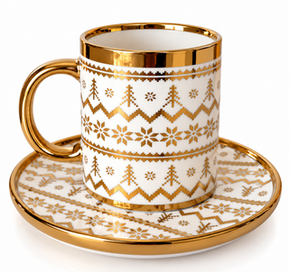 Elegant Gold Holiday Coffee Mug & Saucer Set
