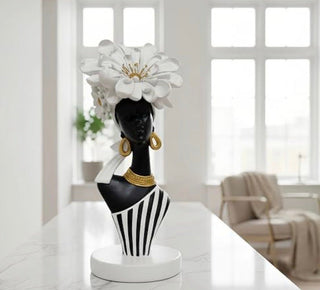 Artistic Sculpture Depicting an African Woman Crowned with White Flowers; Black-and-White Art Statue - DesignedBy The Boss