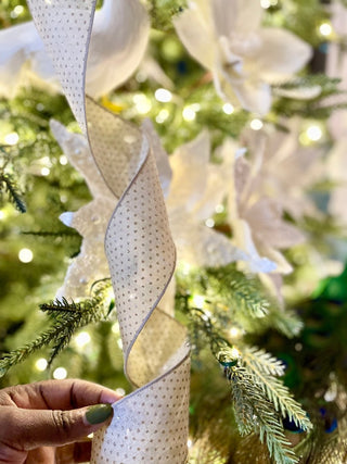 Beige Glitter Wired Decorative Ribbon - Christmas Ribbon for Wreath, Christmas Tree, Gift Wrapping - DesignedBy The Boss