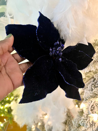 Dark Blue Velvet Christmas Poinsettia Ornaments Picks - DesignedBy The Boss