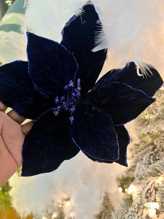 Dark Blue Velvet Christmas Poinsettia Ornaments Picks - DesignedBy The Boss