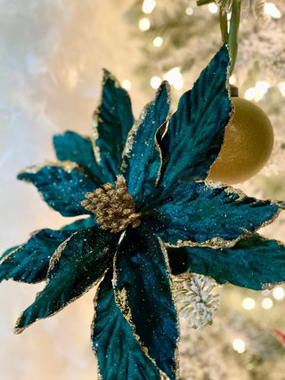 Emerald Green Velvet Poinsettia With Gold Edges Christmas Ornaments Pick - DesignedBy The Boss