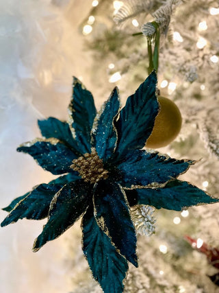 Emerald Green Velvet Poinsettia With Gold Edges Christmas Ornaments Pick - DesignedBy The Boss