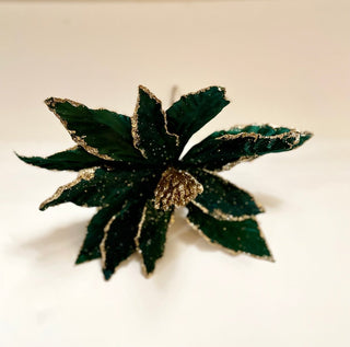 Emerald Green Velvet Poinsettia With Gold Edges Christmas Ornaments Pick - DesignedBy The Boss