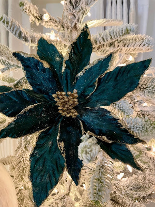 Emerald Green Velvet Poinsettia With Gold Edges Christmas Ornaments Pick - DesignedBy The Boss