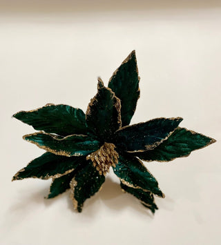 Emerald Green Velvet Poinsettia With Gold Edges Christmas Ornaments Pick - DesignedBy The Boss