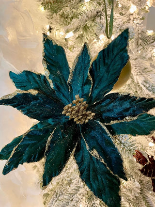 Emerald Green Velvet Poinsettia With Gold Edges Christmas Ornaments Pick - DesignedBy The Boss