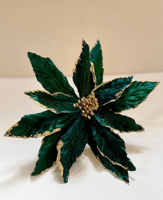 Emerald Green Velvet Poinsettia With Gold Edges Christmas Ornaments Pick - DesignedBy The Boss