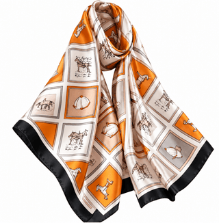 Equestrian Elegance Satin Scarf – Orange, Ivory & Black - DesignedBy The Boss