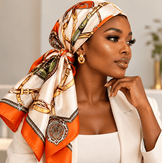 Equestrian Elegance Silk-Feel Scarf – Ivory & Orange - DesignedBy The Boss