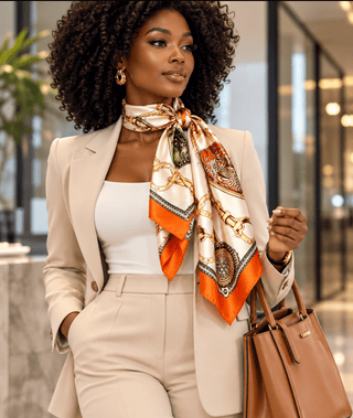 Equestrian Elegance Silk-Feel Scarf – Ivory & Orange - DesignedBy The Boss