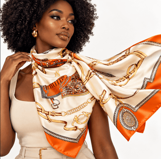 Equestrian Elegance Silk-Feel Scarf – Ivory & Orange - DesignedBy The Boss
