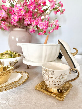 Footed Porcelain Coffee Mug With Cream and Gold Rim - (14 oz) - DesignedBy The Boss