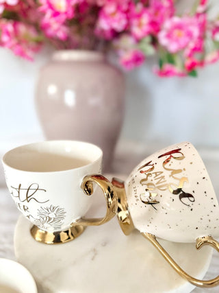 Footed Porcelain Coffee Mug With Cream and Gold Rim - (14 oz) - DesignedBy The Boss