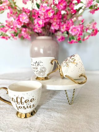 Footed Porcelain Coffee Mug With Cream and Gold Rim - (14 oz) - DesignedBy The Boss