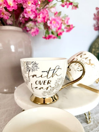 Footed Porcelain Coffee Mug With Cream and Gold Rim - (14 oz) - DesignedBy The Boss