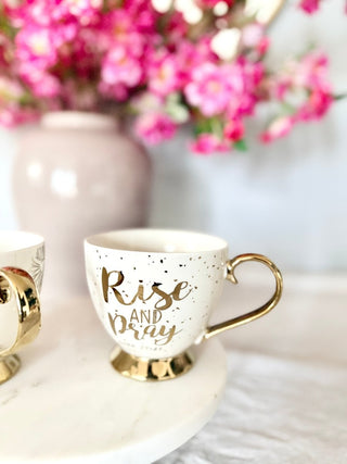 Footed Porcelain Coffee Mug With Cream and Gold Rim - (14 oz) - DesignedBy The Boss