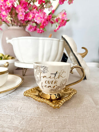 Footed Porcelain Coffee Mug With Cream and Gold Rim - (14 oz) - DesignedBy The Boss