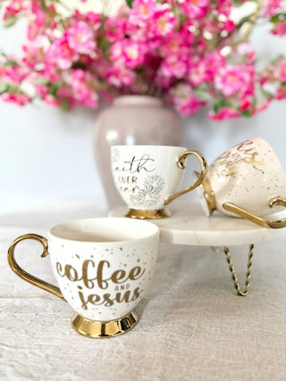 Footed Porcelain Coffee Mug With Cream and Gold Rim - (14 oz) - DesignedBy The Boss