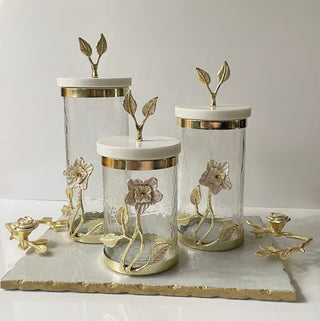 Glass Canister with Gold Lily Flower - Marble Lid By Designed By The Boss (3 Sizes) - DesignedBy The Boss