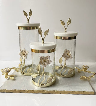 Glass Canister with Gold Lily Flower - Marble Lid By Designed By The Boss (3 Sizes) - DesignedBy The Boss